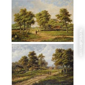 Peasants Near A Farm Stead (+ Travellers In A Summer Landscape; Pair) by Hendrik Barend Koekkoek