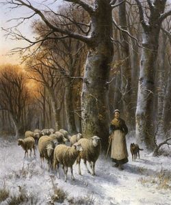 Hirtenmadchen Mit Schafherde Und Hund Im Winterwald
