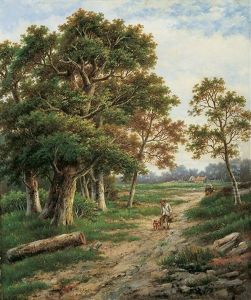 Bewaldete Landschaft Mit Einem Wanderer Und Seinem Hund Sowie Reisigsammlern