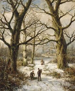 Figures On A Wintry Country Lane, A Village In The Distance Figures On A Wintry Country Lane, A Village In The Distance