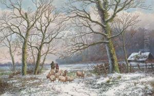 Shepherds With Their Flock In A Winter Landscape
