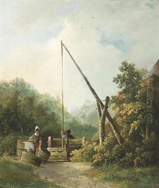 Am Ziehbrunnen. Wascherin An Einem Grosen Waschzuber - view 1