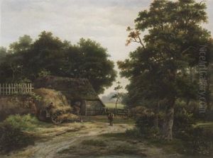 Eine Scheune Im Wald. Bauern Bringen Das Stroh Ein by Hendrik Barend Koekkoek