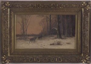 Winter Landscape With A Log Cabin, Deer, And Town In Background by Hendrik Barend Koekkoek