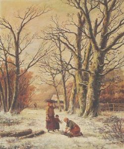 Women Gathering Wood In A Winter Landscape by Hendrik Barend Koekkoek