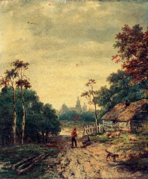 Shepherds On A Country Road With A Town In The Background - view 1