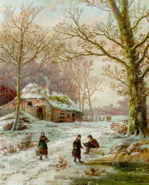 A Winter Landscape With Youngsters Putting On Their Skates - view 1