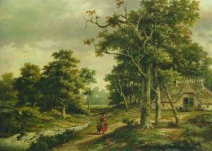 A Peasant Woman And A Boy Walking Along A Stream In A Wooded Landscape by Hendrik Barend Koekkoek