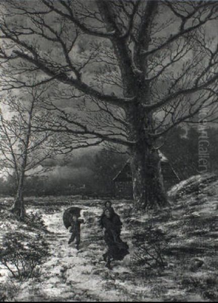 Wooded Winter Landscape With A Woman And Children On A Snowy Path - view 1