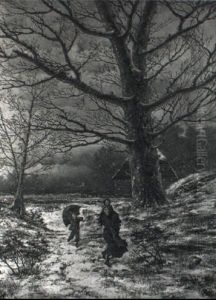 Wooded Winter Landscape With A Woman And Children On A Snowy Path by Hendrik Barend Koekkoek