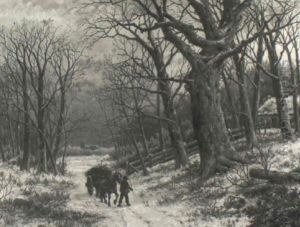 Wood Gatherer Within A Snowy Landscape by Hendrik Barend Koekkoek