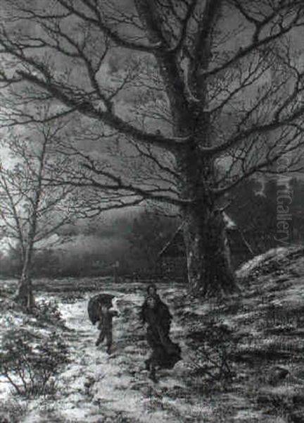 A Wooded Winter Landscape With A Woman And Children - view 1