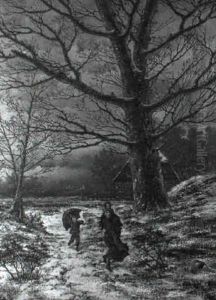 A Wooded Winter Landscape With A Woman And Children by Hendrik Barend Koekkoek