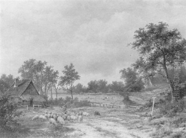 A Wooded Pastoral Landscape With A Shepherd And Flock - view 1