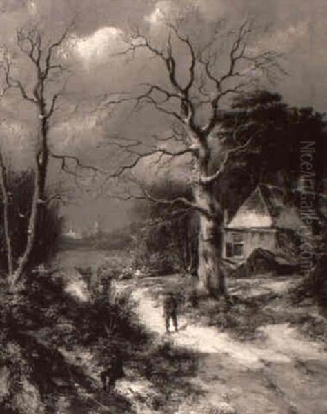 Figures In A Winter Landscape With A View Of A Windmill And A Town Beyond - view 1