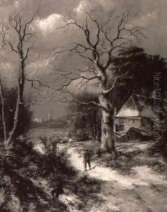 Figures In A Winter Landscape With A View Of A Windmill And A Town Beyond by Hendrik Barend Koekkoek