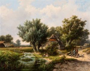 Rural Landscape With Ditch, 'stolp' Farm And Figures, Including Hunters With A Hare