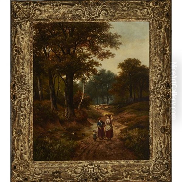 Figures On A Wooded Path With Sheep - view 1