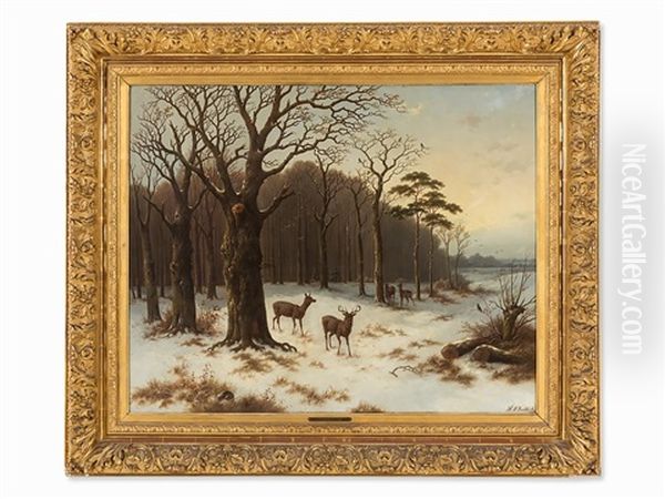 Winter Forest With Deer - view 1