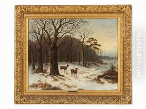 Winter Forest With Deer by Hendrik Pieter Koekkoek