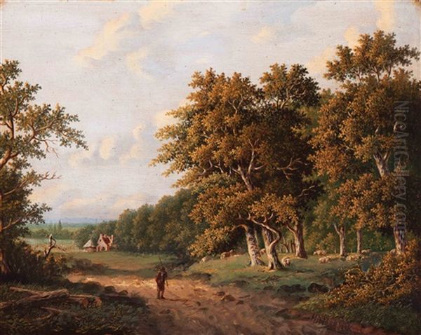 Shepherd With His Flock In A Wooded Landscape - view 1