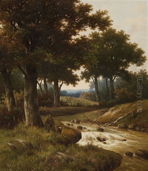 Wooded River Landscape With Houses In The Background - view 1