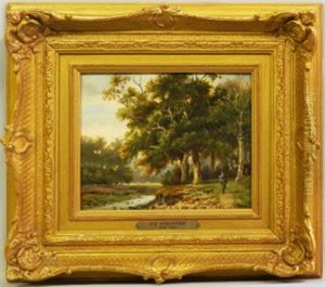 Figure With A Dog On The Shores Of A Lake With Woodland by Hendrik Pieter Koekkoek