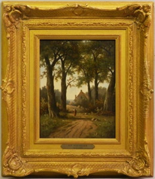 Figure On A Woodland Path With A Cottage Beyond - view 1