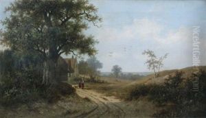 Villagers On A Country Track (+ River Landscape With Cattle Grazing; Pair) by Hendrik Pieter Koekkoek
