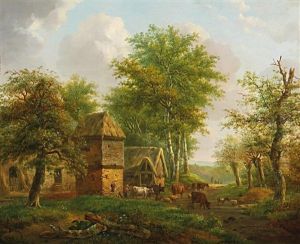 Sommerliche Dorflandschaft Mit Baumen Und Vieh by Hendrik Pieter Koekkoek