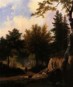 Idyllische Sommerliche Waldlandschaft Mit Schafen Auf Besonnter Lichtung Neben Bachlauf