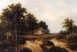 Figure With A Dog On A Path In A Wooded Landscape by Hendrik Pieter Koekkoek