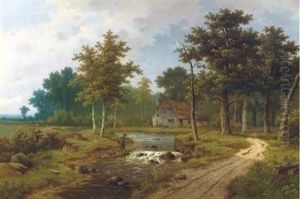Fishing In A Forest Stream by Hendrik Pieter Koekkoek