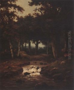 A Wooded Landscape With A Deer Nearby A River by Hendrik Pieter Koekkoek