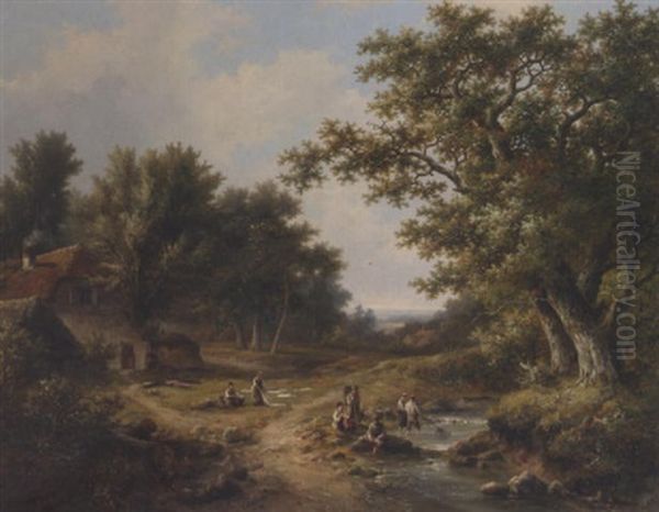 A Summer Landscape With Figures Netting At A Stream - view 1