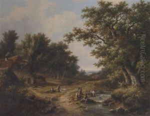 A Summer Landscape With Figures Netting At A Stream by Hendrik Pieter Koekkoek
