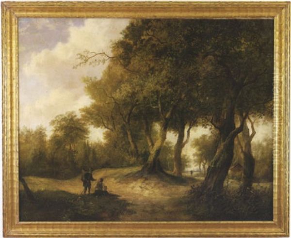 Forest Landscape Depicting Two Men On A Central Road In The Foreground And A House And Figure In The Background - view 1