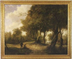 Forest Landscape Depicting Two Men On A Central Road In The Foreground And A House And Figure In The Background by Hendrik Pieter Koekkoek