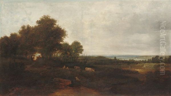 Figures And Cattle In A Landscape, Near Norwich - view 1