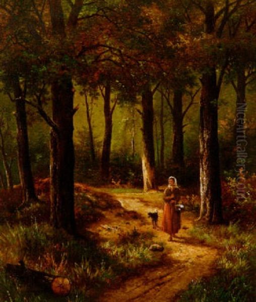 Junge Frau Mit Ihrem Hund Auf Einem Waldweg - view 1