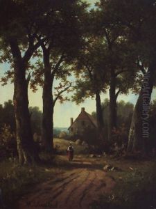 Een Bosachtig Landweg by Hendrik Pieter Koekkoek