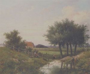 Landscape With Figures Netting A Stream by Hendrik Pieter Koekkoek