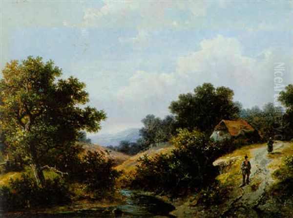 Travellers By A Stream In A Hilly Landscape - view 1