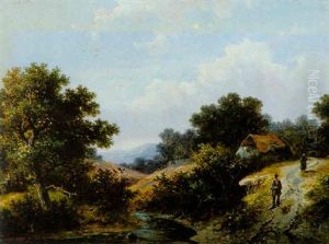 Travellers By A Stream In A Hilly Landscape by Hendrik Pieter Koekkoek