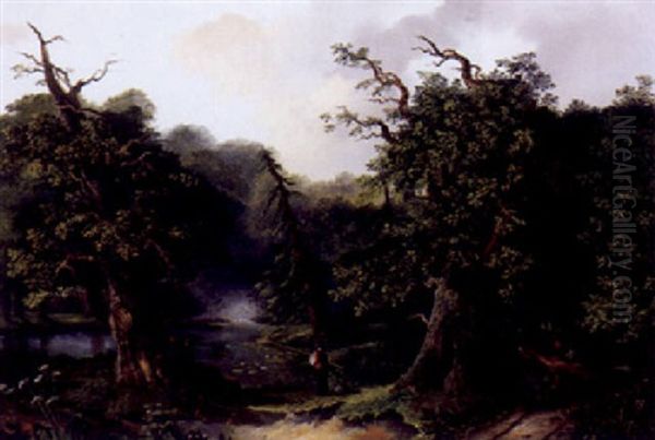 Sommerliche Waldlandschaft Mit Holzleserin Und Angler An Einem Seerosenteich - view 1