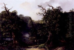Sommerliche Waldlandschaft Mit Holzleserin Und Angler An Einem Seerosenteich