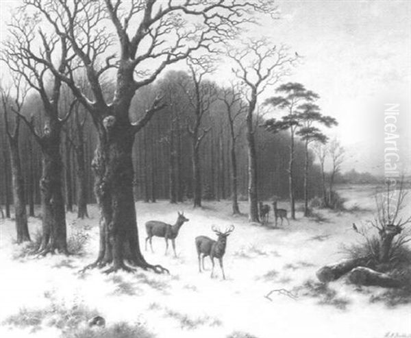 Verschneiter Winterwald Mit Hirschen - view 1