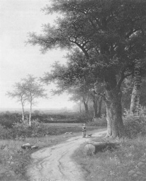 Woman And Dog On Woodland Path - view 1