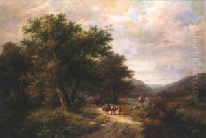 River Landscape With Figures Conversing On A Track by Hendrik Pieter Koekkoek