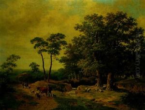 Farmers And Shepherds In A Forest by Hendrik Pieter Koekkoek